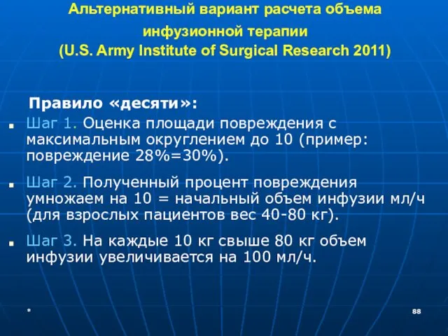 Альтернативный вариант расчета объема инфузионной терапии (U.S. Army Institute of Surgical
