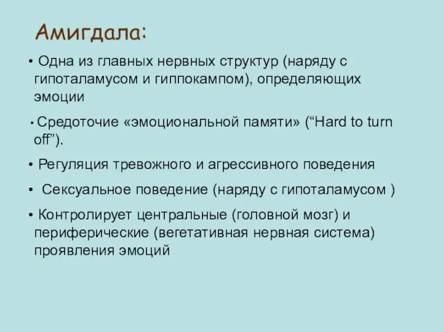 Амигдала: Одна из главных нервных структур (наряду с гипоталамусом и гиппокампом),