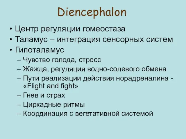 Центр регуляции гомеостаза Таламус – интеграция сенсорных систем Гипоталамус Чувство голода,