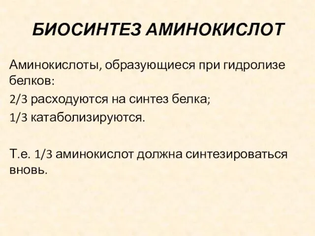 БИОСИНТЕЗ АМИНОКИСЛОТ Аминокислоты, образующиеся при гидролизе белков: 2/3 расходуются на синтез