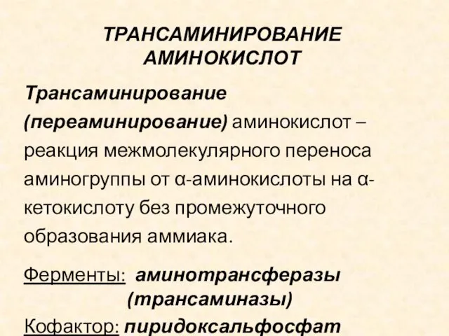 ТРАНСАМИНИРОВАНИЕ АМИНОКИСЛОТ Трансаминирование (переаминирование) аминокислот – реакция межмолекулярного переноса аминогруппы от