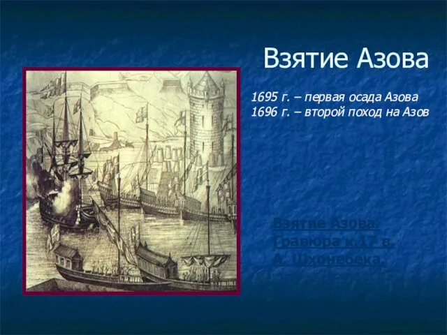 Взятие Азова Взятие Азова. Гравюра к.17 в. А. Шхонебека. 1695 г.