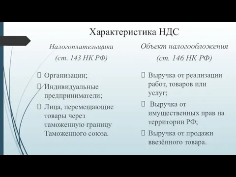 Характеристика НДС Налогоплательщики (ст. 143 НК РФ) Организации; Индивидуальные предприниматели; Лица,