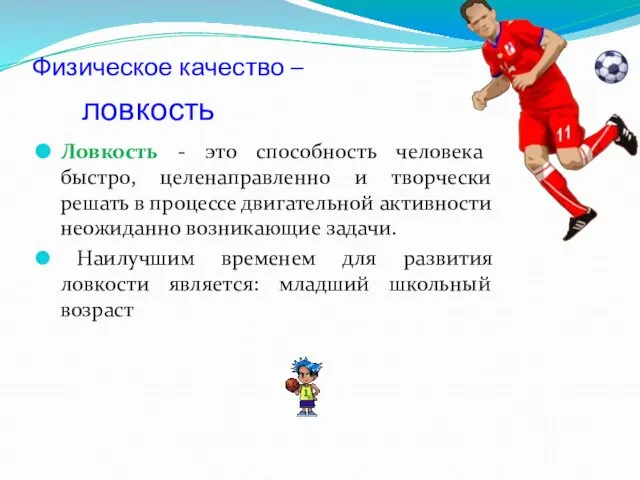 Физическое качество – ловкость Ловкость - это способность человека быстро, целенаправленно