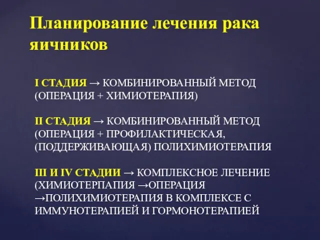 Планирование лечения рака яичников I СТАДИЯ → КОМБИНИРОВАННЫЙ МЕТОД (ОПЕРАЦИЯ +