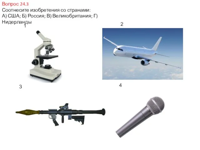 Вопрос 24.3 Соотнесите изобретения со странами: А) США; Б) Россия; В)