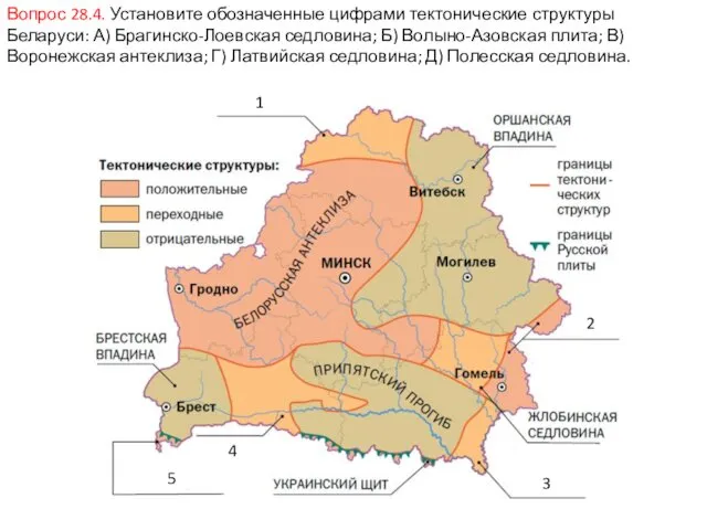 Вопрос 28.4. Установите обозначенные цифрами тектонические структуры Беларуси: А) Брагинско-Лоевская седловина;