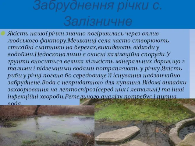 Забруднення річки с.Залізничне Якість нашої річки значно погіршилась через вплив людського