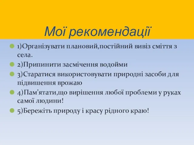 Мої рекомендації 1)Організувати плановий,постійний вивіз сміття з села. 2)Припинити засмічення водойми