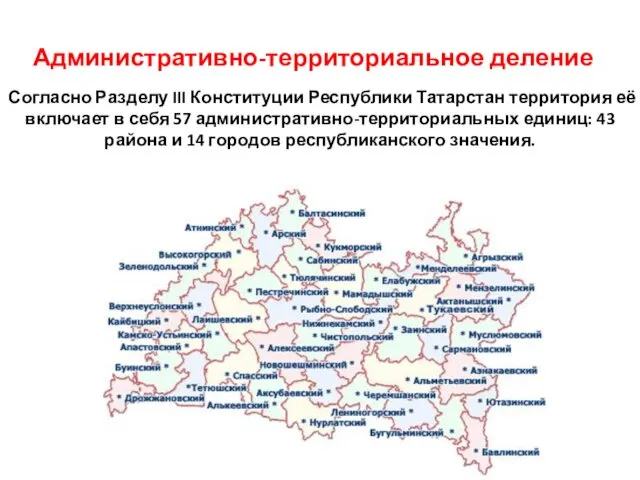 Административно-территориальное деление Согласно Разделу III Конституции Республики Татарстан территория её включает