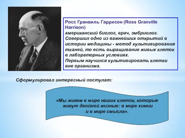 Росс Гранвиль Гаррисон (Ross Granville Harrison) американский биолог, врач, эмбриолог. Совершил