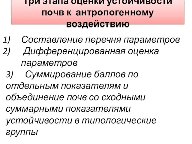 Три этапа оценки устойчивости почв к антропогенному воздействию Составление перечня параметров