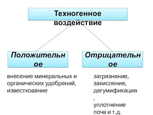 Техногенное воздействие Положительное Отрицательное загрязнение, закисление, дегумификация, уплотнение почв и т.д.