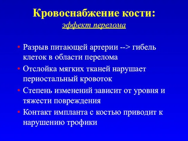 Кровоснабжение кости: эффект перелома Разрыв питающей артерии --> гибель клеток в