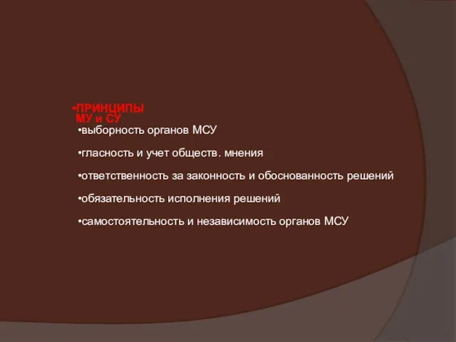 ПРИНЦИПЫ МУ и СУ выборность органов МСУ гласность и учет обществ.