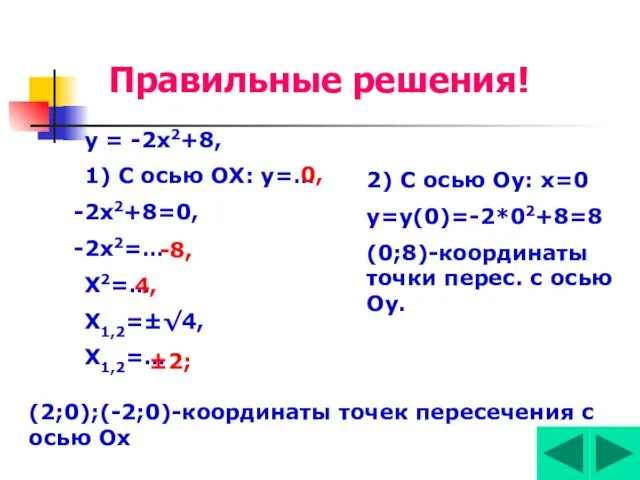 Правильные решения! у = -2х2+8, 1) С осью ОХ: у=… 2х2+8=0,