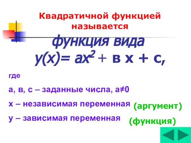 функция вида у(х)= ах2 + в х + с, где а,