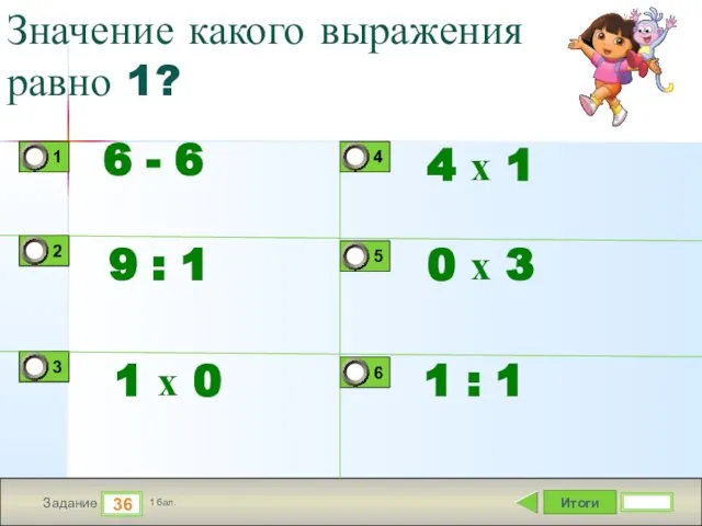 Итоги 36 Задание 1 бал. Значение какого выражения равно 1? 6