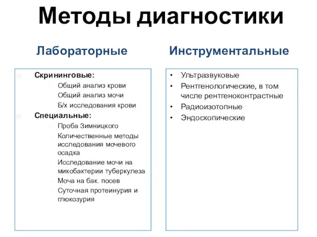 Методы диагностики Ультразвуковые Рентгенологические, в том числе рентгеноконтрастные Радиоизотопные Эндоскопические Инструментальные