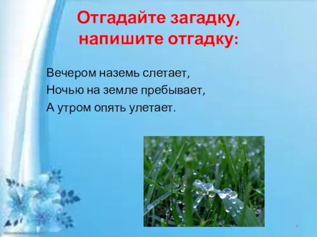 Вечером наземь слетает, Ночью на земле пребывает, А утром опять улетает. Отгадайте загадку, напишите отгадку: