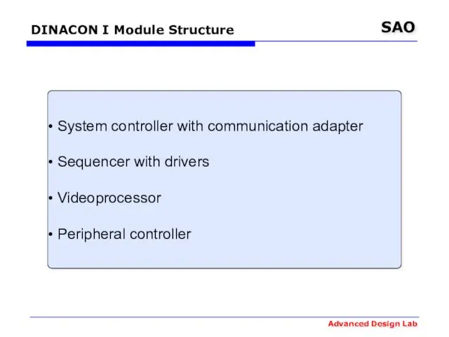 DINACON I Module Structure System controller with communication adapter Sequencer with drivers Videoprocessor Peripheral controller