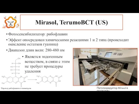 Mirasol, TerumoBCT (US) Фотосенсибилизатор: рибофлавин Эффект опосредован химическими реакциями 1 и