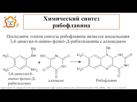 Химический синтез рибофлавина Последним этапом синтеза рибофлавина является конденсация 3,4-диметил-6-амино-фенил-Д-рибитиламина с