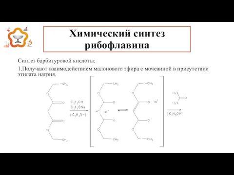 Химический синтез рибофлавина Синтез барбитуровой кислоты: 1.Получают взаимодействием малонового эфира с мочевиной в присутствии этилата натрия.