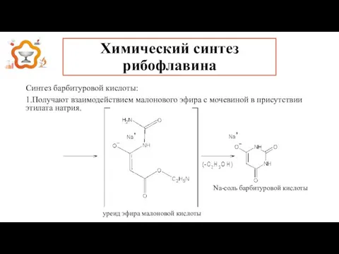 Химический синтез рибофлавина Синтез барбитуровой кислоты: 1.Получают взаимодействием малонового эфира с