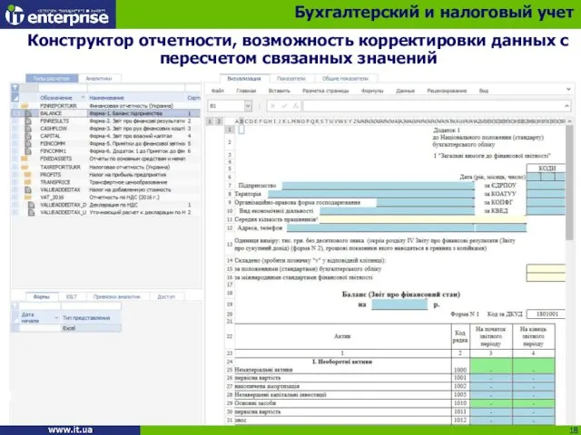 Конструктор отчетности, возможность корректировки данных с пересчетом связанных значений Бухгалтерский и налоговый учет