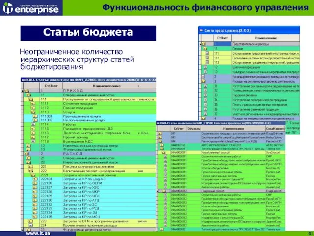 Неограниченное количество иерархических структур статей бюджетирования Статьи бюджета Функциональность финансового управления