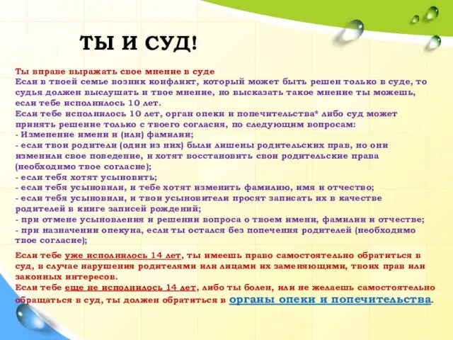 ТЫ И СУД! Ты вправе выражать свое мнение в суде Если