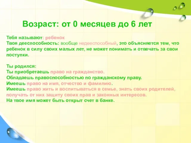 Возраст: от 0 месяцев до 6 лет Тебя называют: ребенок Твоя