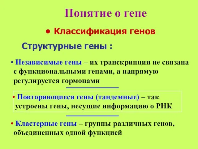 Понятие о гене Классификация генов Структурные гены : Независимые гены –