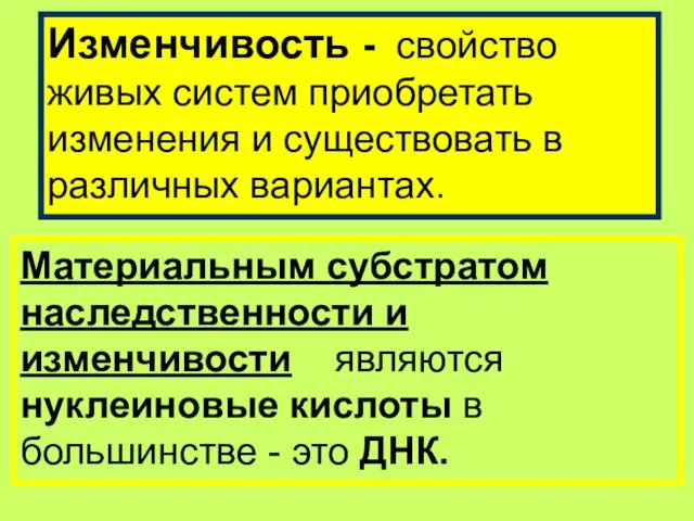 Изменчивость - свойство живых систем приобретать изменения и существовать в различных