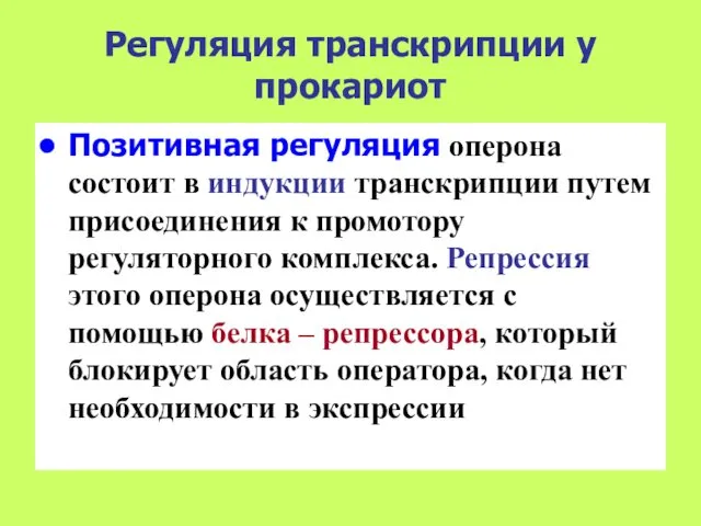 Регуляция транскрипции у прокариот Позитивная регуляция оперона состоит в индукции транскрипции