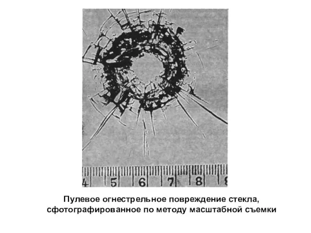 Пулевое огнестрельное повреждение стекла, сфотографированное по методу масштабной съемки