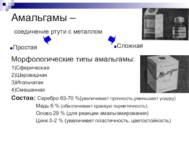 Амальгамы – соединение ртути с металлом Морфологические типы амальгамы: 1)Сферическая 2)Шаровидная