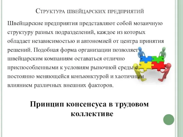 Структура швейцарских предприятий Швейцарские предприятия представляют собой мозаичную структуру разных подразделений,