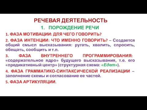 РЕЧЕВАЯ ДЕЯТЕЛЬНОСТЬ ПОРОЖДЕНИЕ РЕЧИ 1. ФАЗА МОТИВАЦИИ: ДЛЯ ЧЕГО ГОВОРИТЬ? 2.