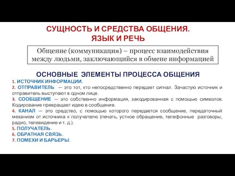 СУЩНОСТЬ И СРЕДСТВА ОБЩЕНИЯ. ЯЗЫК И РЕЧЬ ОСНОВНЫЕ ЭЛЕМЕНТЫ ПРОЦЕССА ОБЩЕНИЯ