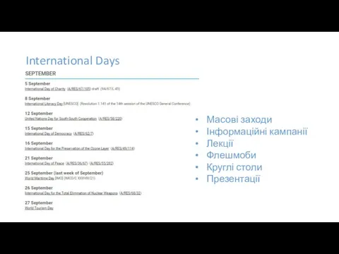 International Days Масові заходи Інформаційні кампанії Лекції Флешмоби Круглі столи Презентації