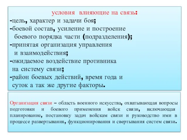 условия влияющие на связь: -цель, характер и задачи боя; -боевой состав,