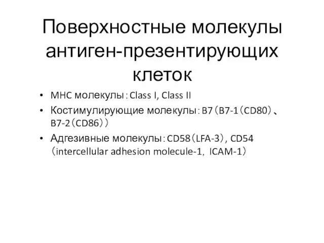 Поверхностные молекулы антиген-презентирующих клеток MHC молекулы：Class I, Class II Костимулирующие молекулы：B7（B7-1（CD80）、B7-2（CD86）） Адгезивные молекулы：CD58（LFA-3）, CD54（intercellular adhesion molecule-1，ICAM-1）