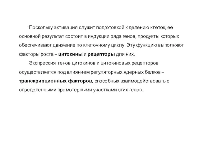 Поскольку активация служит подготовкой к делению клеток, ее основной результат состоит