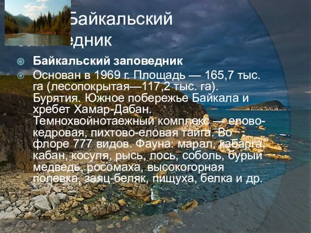 Байкальский заповедник Байкальский заповедник Основан в 1969 г. Площадь — 165,7