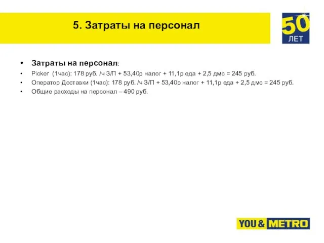 5. Затраты на персонал Затраты на персонал: Picker (1час): 178 руб.