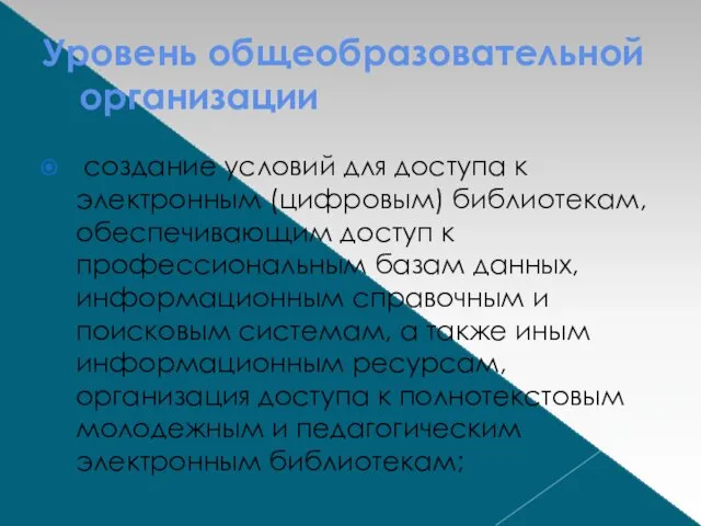 Уровень общеобразовательной организации создание условий для доступа к электронным (цифровым) библиотекам,