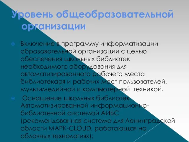 Уровень общеобразовательной организации Включение в программу информатизации образовательной организации с целью