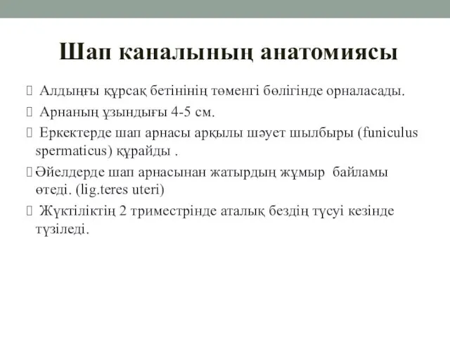 Шап каналының анатомиясы Алдыңғы құрсақ бетінінің төменгі бөлігінде орналасады. Арнаның ұзындығы